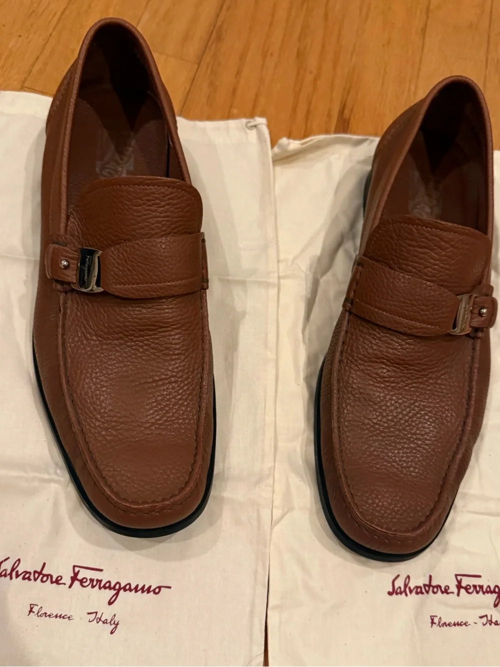 Salvatore Ferragamo Chestnut Brown Pebbled Leather Bit Loafers